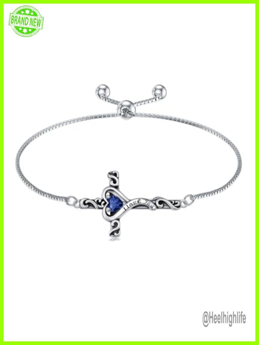 925 Sterling Silver Cross Birthstone Heart Link Bracelet Adjustable 9 In